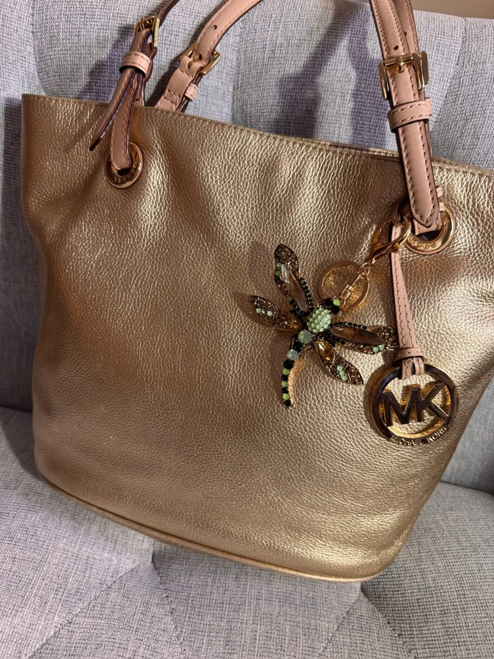 Michael Kors Gold Pebbled Leather Tote with Gold MK Charm - Picture 16 of 16